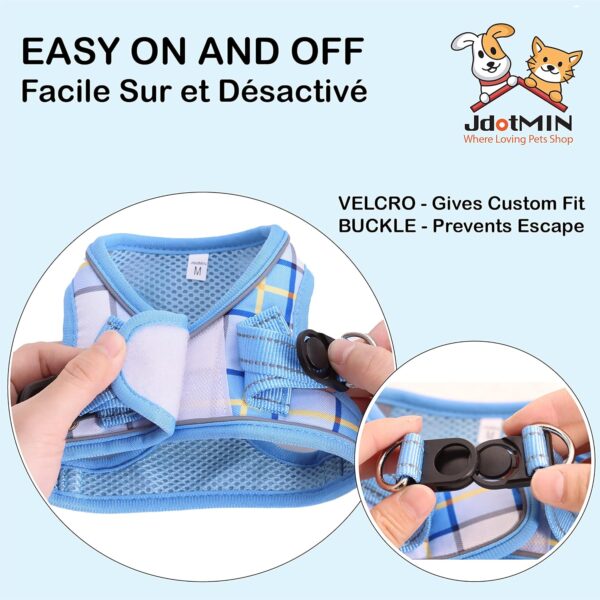 JdotMIN Plaid Dog Harness and Leash Set, Extra-Small/Small to Medium Dog and Cat Vest Harness No Pull, Escape Proof, For Walking Puppy and Kitten, For Travel and Car (Blue, XXS) - Image 4