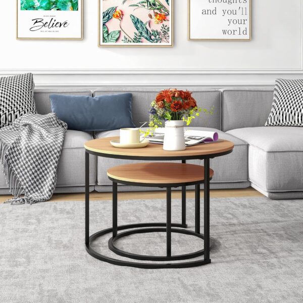 HOJINLINERO Black Round Coffee Table Set of 2 Side Table for Living Room,69.5x49cm Industrial Stacking End Tables,Wood Look Accent Furniture with Metal Frame End Table for Bedroom Decorations,Black - Image 5
