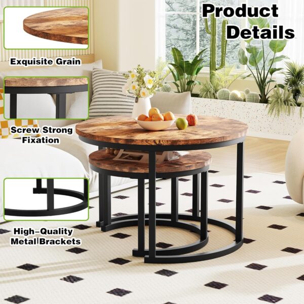 HOMERECOMMEND Round Nesting Coffee Table Modern Nesting Side Set of 2 End Table for Living Room,Round Wooden Accent Coffee Table with Solid Powder-Coated Metal Frame, Rustic Brown/Black - Image 8
