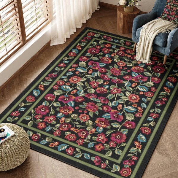 PureCozy Black Area Rug 3x5 Washable Living Room Rug Non Slip Winter Kitchen Rug Soft Floral Indoor Carpet Vintage Low Pile Accent Throw Rug for Office Dining Room Nursery Bathroom Farmhouse - Image 5