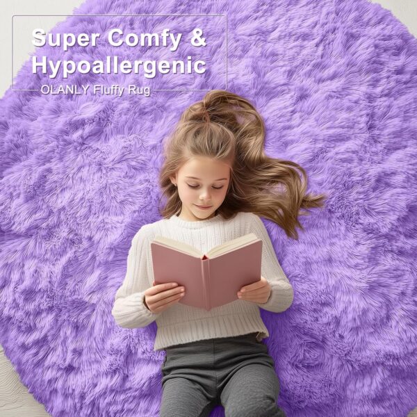 OLANLY Purple Round Rugs for Bedroom - Machine Washable, 4x4 Feet Circle Area Rugs for Living Room, Soft and Fluffy Shaggy Carpet for Teen Girls and Boys, Dorms, Nursery Rooms, Home Decor Aesthetic - Image 6