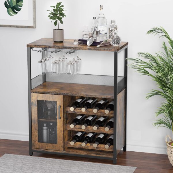 IDEALHOUSE 3-Tier Wine Bar Cabinet with Detachable Wine Rack and Drawer, Industrial Sideboard and Buffet Cabinet with Glass Holder and Mesh Door, Rustic Brown - Image 4
