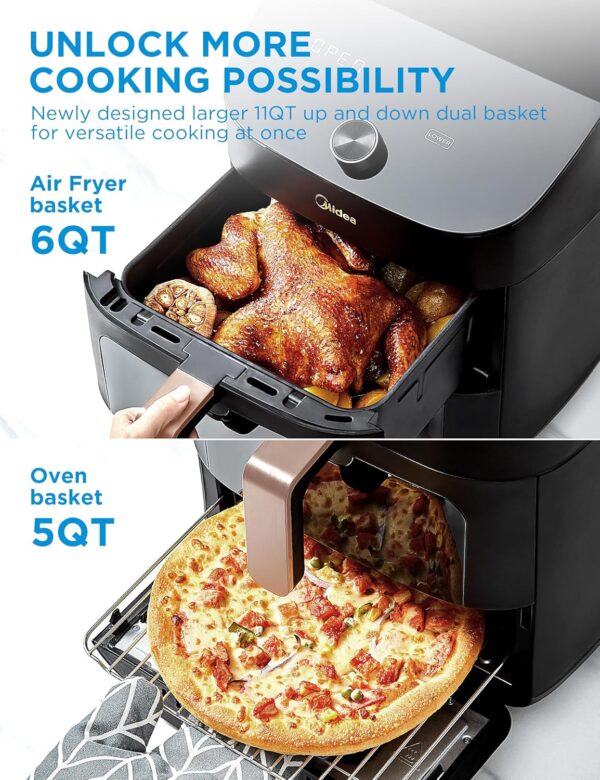 Midea Vertical Dual Zone Air Fryer Oven, 11L, 2 Drawers, Visible Window, Max Crisp, Oil Free & Low Fat, 10-in-1 Functions, Smart Sync Finish, Works with Alexa, Wi-Fi, App Recipes, 2400W - Image 3
