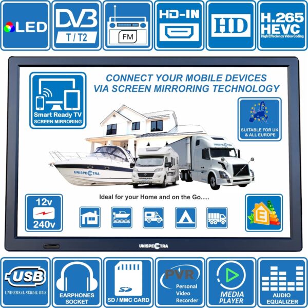 Unispectra ® 16 inch LED 240v (volt) 12v TV Screen Share Freeview & FM Tuner, USB. 12V TVs for Motorhomes, Campervan, Caravan TV, Camping, Truck, Lorry, Van, Boat, Kitchen, Bedroom - Image 3