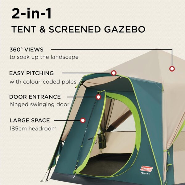 Coleman Polygon 5, large 5-person tent with 360° view, 5 man family tent, sturdy steel pole construction, easy to pitch, 100% waterproof camping tent. - Image 10