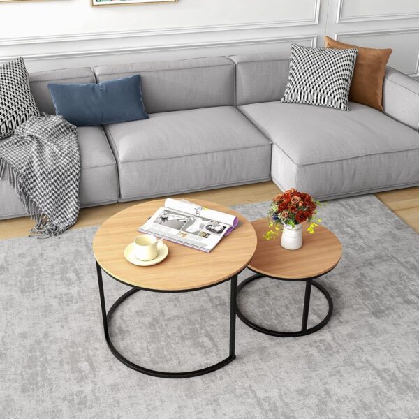 HOJINLINERO Black Round Coffee Table Set of 2 Side Table for Living Room,69.5x49cm Industrial Stacking End Tables,Wood Look Accent Furniture with Metal Frame End Table for Bedroom Decorations,Black - Image 8