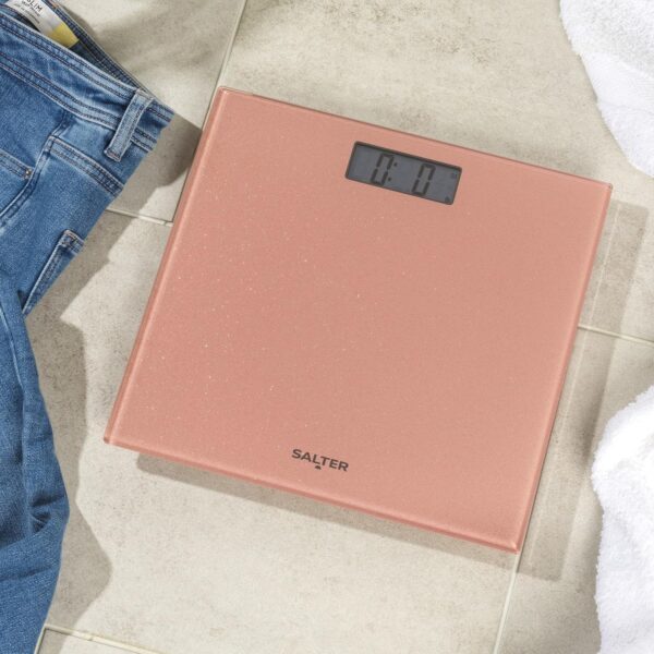 Salter Digital Bathroom Scale - Electronic Digital Bodyweight Scale, Glitter Rose Gold Platform, 180kg/28st 8lb, LCD Large Display, Step On Instant Accurate Readings, Slim Storage, Includes Battery - Image 4