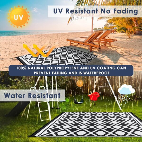 VK·LIVING Outdoor Rugs for Patios Waterproof 150X240cm Reversible Garden Carpet Large Modern Plastic Outdoor Mat Portable Lightweight Area Rugs for Balcony Camping Yard RV Beach Black&White - Image 4