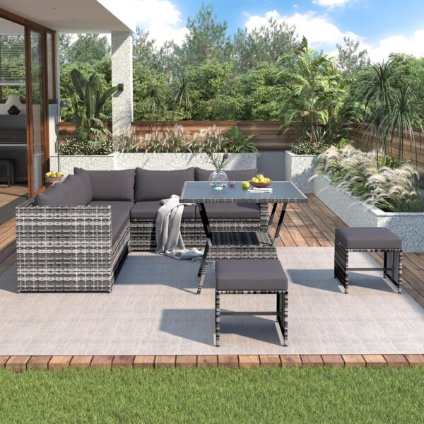 Rattan Garden Furniture Set - 5 Piece Outdoor Corner Sofa Patio Set with Glass Coffee Table and Stools for 7 People - Stylish and Comfortable Outdoor Seating - Image 4