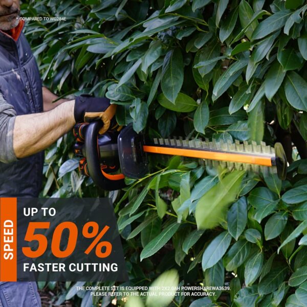 Worx WG286E 40V 61cm Cordless Brushless Hedge Trimmer – Dual-Action Laser-Cut Blades, 27mm Cutting Capacity, 180° Rotating Handle, Includes 2x 2.0Ah Batteries & Charger - Image 5