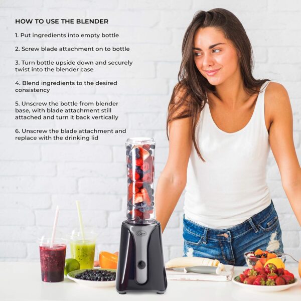 Quest Personal Blender & Smoothie Maker | 350 Watt | Includes 2x 600ml Portable Bottles | One Touch Button | Slimline, Portable and Compact | Stainless Steel Blades (Black & Grey) - Image 5