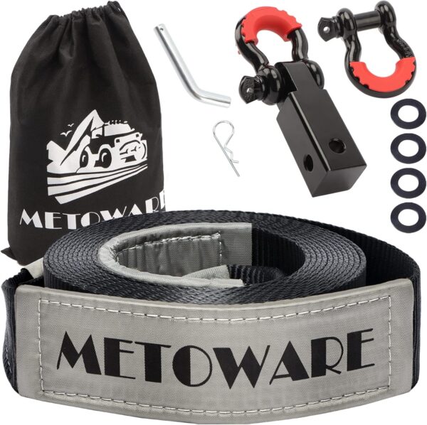 METOWARE Tow Strap Recovery Kit, 3" x 20ft (35,000lbs) Capacity Recovery Strap, 3/4" D Ring Shackles(2pcs) + 2" Shackle Hitch Receiver + 5/8" Hitch Pin + Storage Bag, Emergency Off Road Towing Rope - Image 2