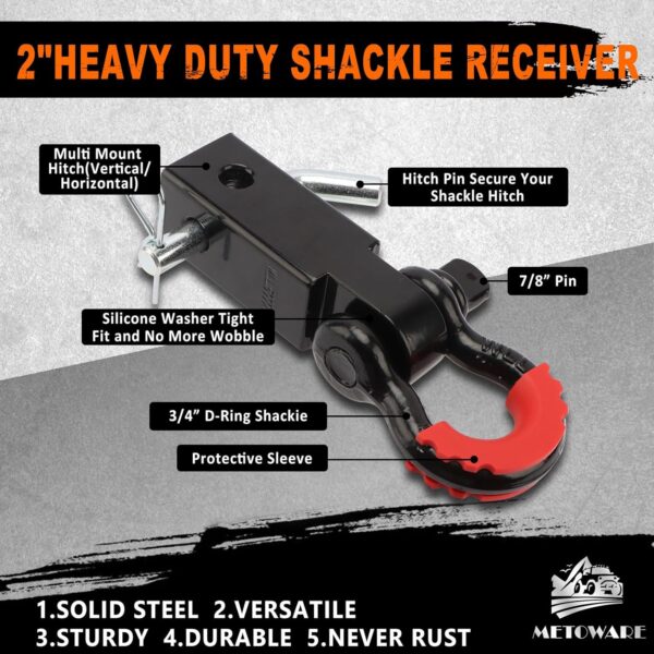 METOWARE Tow Strap Recovery Kit, 3" x 20ft (35,000lbs) Capacity Recovery Strap, 3/4" D Ring Shackles(2pcs) + 2" Shackle Hitch Receiver + 5/8" Hitch Pin + Storage Bag, Emergency Off Road Towing Rope - Image 5