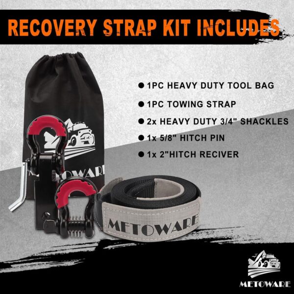 METOWARE Tow Strap Recovery Kit, 3" x 20ft (35,000lbs) Capacity Recovery Strap, 3/4" D Ring Shackles(2pcs) + 2" Shackle Hitch Receiver + 5/8" Hitch Pin + Storage Bag, Emergency Off Road Towing Rope - Image 7