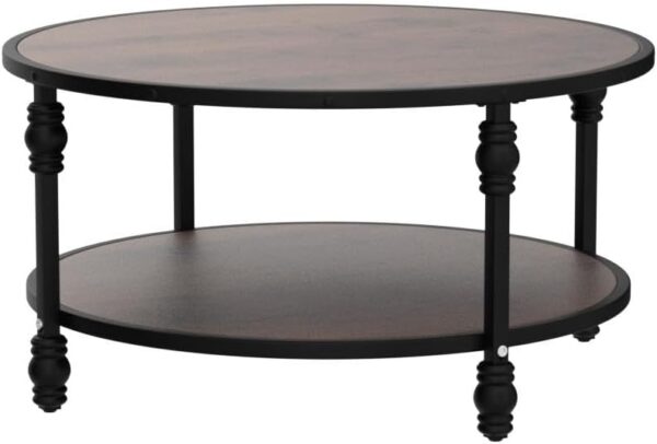 IDEALHOUSE Round Coffee Table for Living Room Rustic Center Table with Storage Shelf Wood Circle Coffee Table with Sturdy Metal Frame, Easy Assembly(Brown) - Image 6