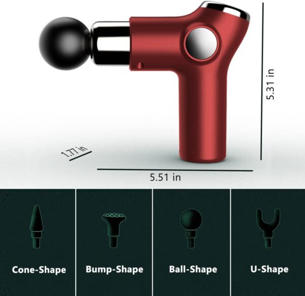 Exrebon Mini Handheld Massage Gun - Small Portable Electric Percussion Muscle Massager Gun - Compact Deep Tissue Fascia Travel Massager, 4 Massager Heads 6 Speed Red - Image 5