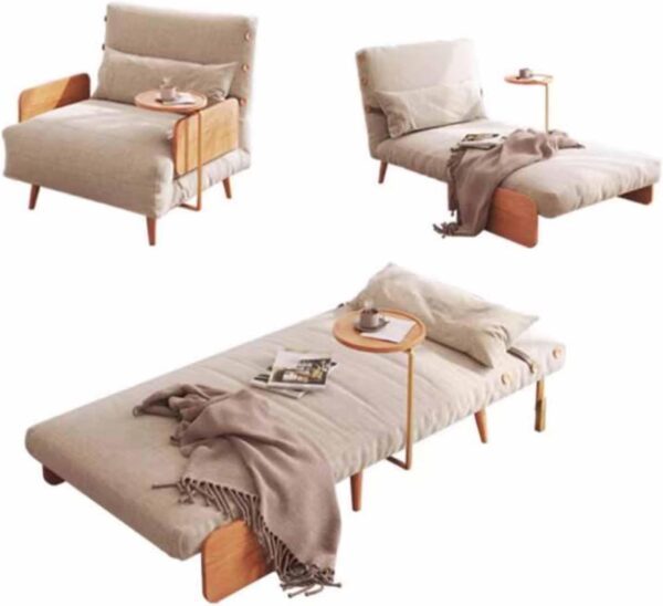 Leomix Modern Convertible Sofa Bed, 3 in 1 Sleeper Chair Bed Futon, Ideal for Small Space Apartment, Living Room, Guest Room, Office, Beige Linen & Wood - Image 8