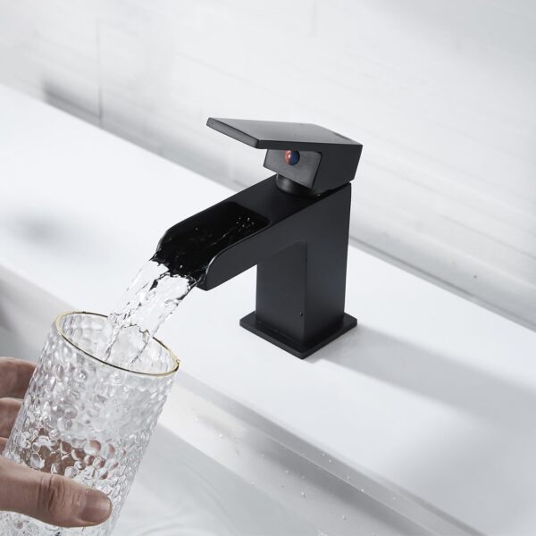 Luckyhome Waterfall Basin Taps with Waste,Bathroom Single Lever Chrome Plated Brass Sink Mixer Tap（Black） - Image 3