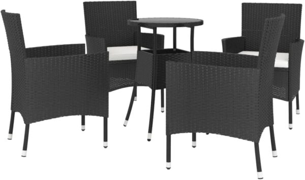 5 Piece Black Poly Rattan Garden Bistro Set with Cushions Outdoor Patio Furniture - Image 2