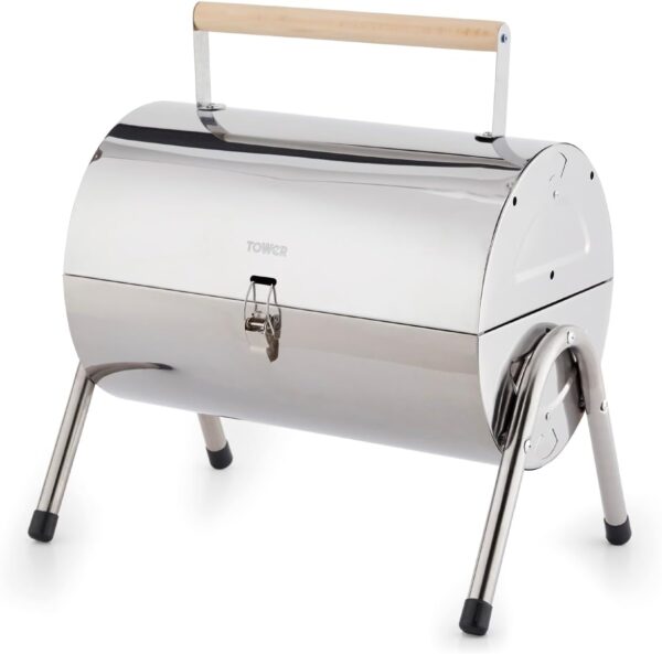 Tower T978574 Portable Barrel Grill with Wooden Carry Handle, Compact Design, Safety Locking Mechanism, Stainless Steel - Image 2