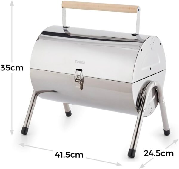 Tower T978574 Portable Barrel Grill with Wooden Carry Handle, Compact Design, Safety Locking Mechanism, Stainless Steel - Image 9
