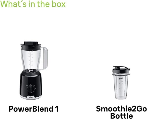 Braun PowerBlend 1 JB1051BK, Jug Blender with Unique Triangular Glass Jug, 2 Speed, Ice Crush Function, Smoothie2Go Bottle Included, 600W, Black - Image 8