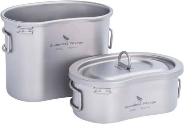 iBasingo Titanium Canteen Cups Kidney-shaped Camping Pot Bowl Set with Lid & Hanging Chain Ultralight Kitchen Cookware Cooking Mess Kit 300ml+600ml for 1 man Outdoor Hiking Activitives Ti2046C - Image 2