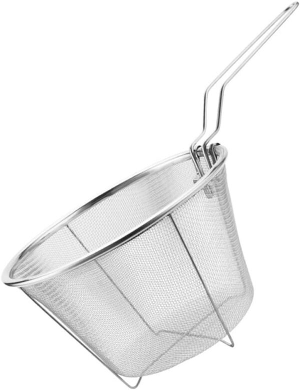 Angoily Stainless Steel Deep Fry Basket with Handle, Round Wire Fry Basket Deep Fryer Strainer for Frying (26X15X9. 5cm), Silver - Image 2