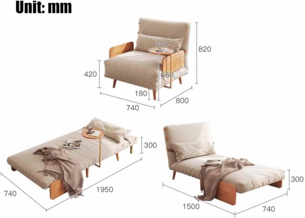 Leomix Modern Convertible Sofa Bed, 3 in 1 Sleeper Chair Bed Futon, Ideal for Small Space Apartment, Living Room, Guest Room, Office, Beige Linen & Wood - Image 3