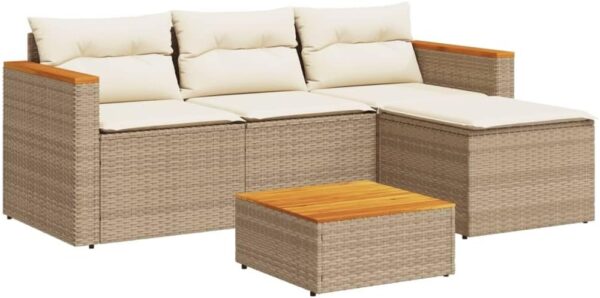 XFZJCHAP 5 Piece Garden Sofa Set with Cushions Beige Poly Rattan Acacia-Garden Corner Dining Sofa Set,Patio Tables Stools Outdoor Lounge Conservatory Furniture - Image 7