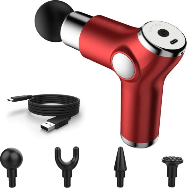 Exrebon Mini Handheld Massage Gun - Small Portable Electric Percussion Muscle Massager Gun - Compact Deep Tissue Fascia Travel Massager, 4 Massager Heads 6 Speed Red - Image 2