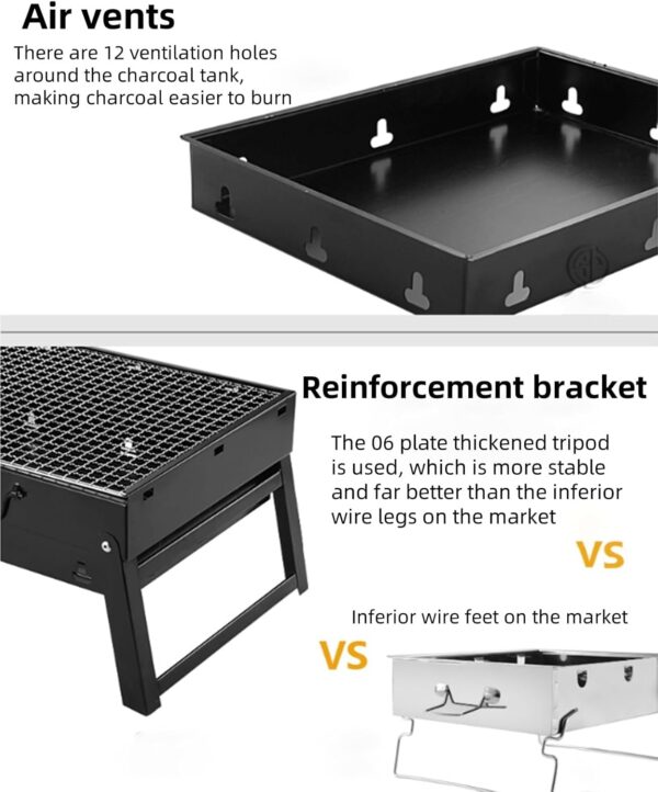 Barbecue Grill Portable grill Barbecue Table easy-to-use Foldable Charcoal Grill With handle, Stainless Steel Smoker Picnic for Outdoor Garden Terrace Camping Travel Hiking (black,16 * 16 * 3in) - Image 6