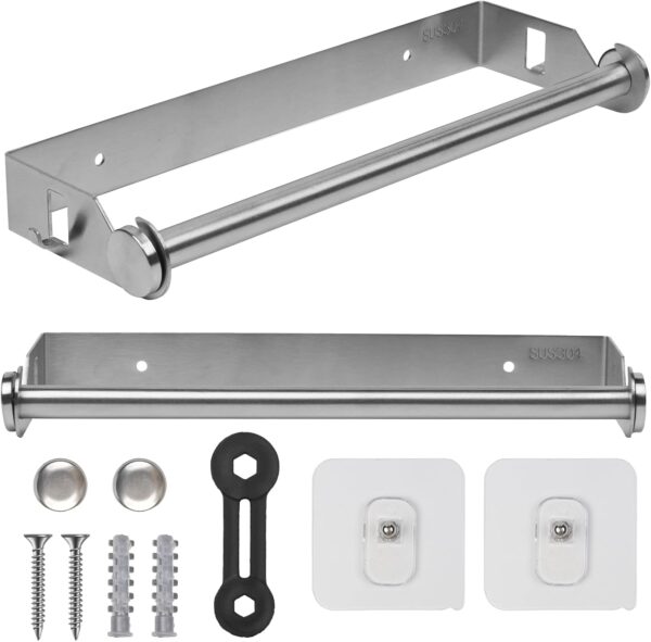 Kitchen Towel Holder Wall Mounted Kitchen Roll Holder Under Cabinet Wall Mounted, Two Mounting Options No Drilling Cupboard Roll Holder, Stainless Steel Paper Rack for Home Kitchen Bathroom (Silver) - Image 2
