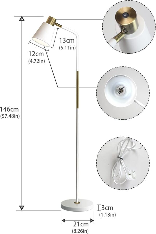 Floor Lamp, Industrial Floor Lamps Corner Lamp Rustic Farmhouse Standing Lamp, Adjustable Metal Heads Indoor Task Lighting Reading Floor Lamps for Living Room, Bedroom, E27 Socket (White) - Image 8