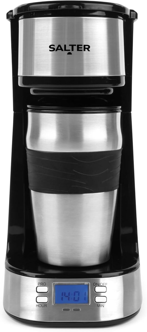 Salter Digital Coffee Maker – One Cup Filter Coffee Machine, Washable & Reusable Filter, Includes 420ml Stainless Steel Travel Mug, 3-4 Minutes Brewing, Suitable For Ground Coffee / Pads, Timer, 750W - Image 12