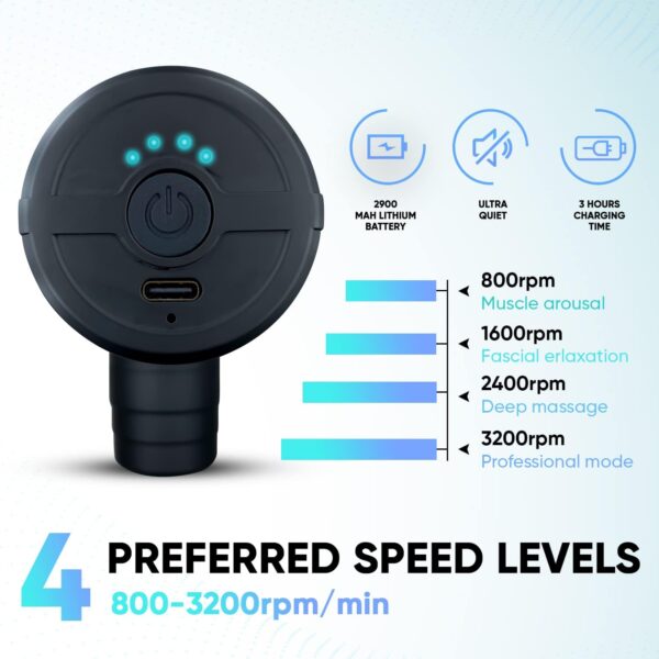 Massage Gun Back Massager (UK Company) 4 Massage Heads 4 Message Levels Muscle Massage Gun Deep Tissue Mini Massager - Image 3