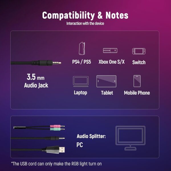 Gaming Headset Stereo Surround Sound Gaming Headphones with Breathing RGB Light & Adjustable Mic for PS4 PS5 PC Xbox One Laptop Mac - Image 7