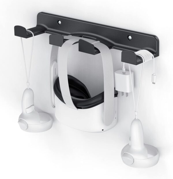 HomeMount VR Wall Mount for Oculus Quest 2/Rift, Valve Index, HTC Vive, PSVR - Space-Saving Headset & Controller Hanger with Rounded Corners (Black) - Image 2