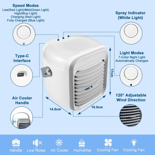 Portable Air Conditioner, Air Cooler with 300ml Water Tank, 3-in-1 Free Standing Cooling AC Unit with Fan & Dehumidifier, 3 Speed 7 Color Lights Oscillating Cooling Fan for Desk, Home, Bedroom, Office - Image 3