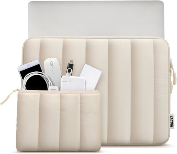 TECOOL Puffy 14 inch Laptop Sleeve Protective Case 14 Inch For 14” Lenovo HP EliteBook Pavilion Acer Dell Chromebook Notebook, Macbook Air 15 M4 M3 M2 2025-2023 Shockproof Splash-resistant Bag,Beige - Image 3