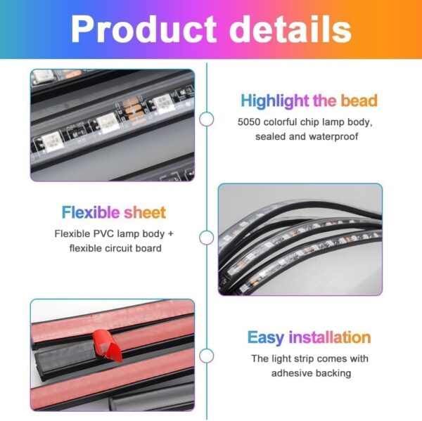 DAJASD 4PCS Underglow Car Lights Kit, Waterproof RGB Car Led Interior Strip Lights with Music Mode, Exterior Ambient Lighting Car Support Bluetooth App & Remote Control DC 12V 47Inch x2 & 35Inch x2 - Image 3