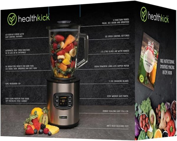HealthKick 800w Digital LCD Ice Crushing Smoothie Blender - 1.5L Glass Jug - 12 speeds, 5x Presets, 3x Functions: Pulse/Ice Crush/Smoothie - Variable Speed Control - K3252 - Stainless Steel - Image 9