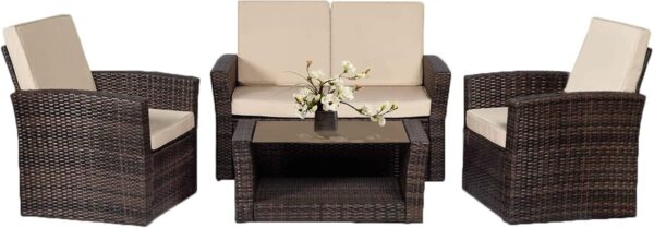 4 Pieces Patio Conversation Set, Outdoor PE Rattan Wicker Sofa Furniture Set with Soft Cushions and Glass Coffee Table for Backyard Lawn Garden Balcony Porch Poolside,Brown - Image 2