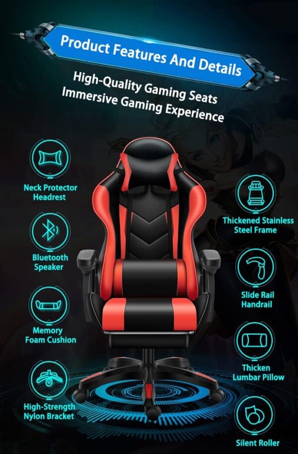 ANIFM Video Gaming Chair Racing Recliner,PC Gaming Chair with Footrest and Bluetooth Speakers Music Video Game Chair for Home and Office Comfortable anniversary - Image 4