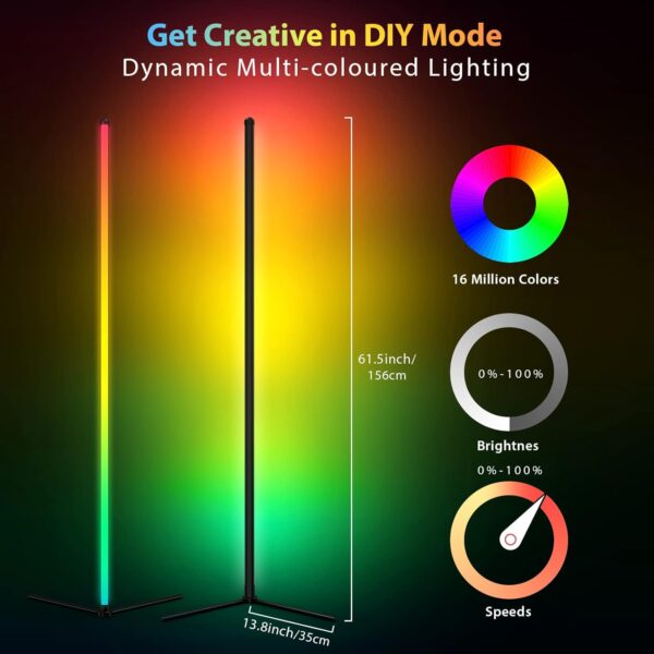 RAMSWIN LED Corner Floor Lamp RGB Corner Light 61.5'' Modern Standing Lamp with APP/Remote/Music Sync/16 Million Colour Changing/Dimmable Smart Floor Light for Bedroom Living Room - Image 4