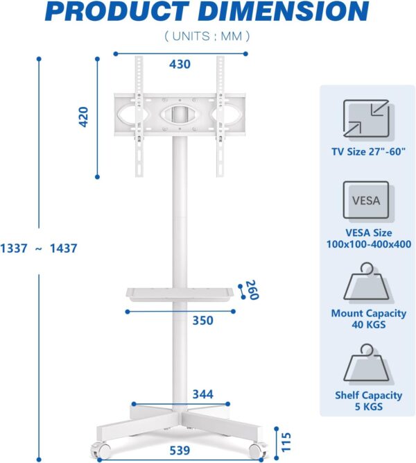RFIVER Mobile TV Stand on Wheels for 27-60 Inch LCD LED Flat Screen Curved Screen TVs up to 40 kgs, Height Adjustable Shelf Rolling TV Cart as a Movable Portable TV Stand, Max VESA 400x400mm, White - Image 4