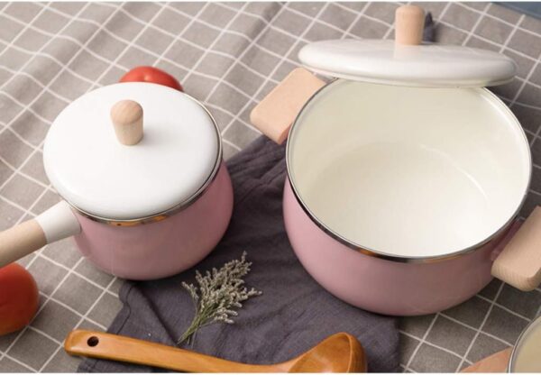 Enamel Soup Pot Steamer Kitchen Pot Milk Pan with Lid Instant Noodle Pot Stove Induction Cooker Milk Pot-Pink Stockpot - Image 3