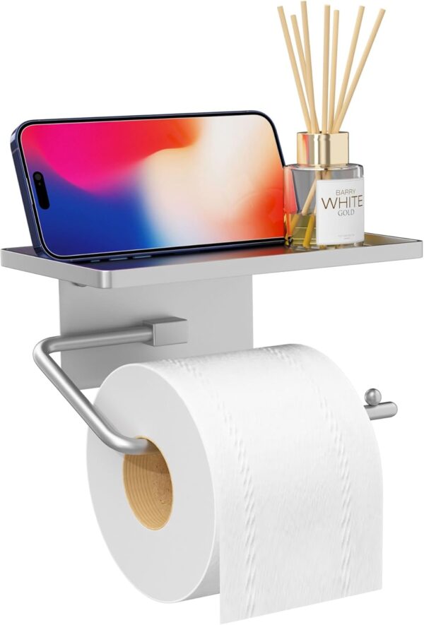 Niffgaff Toilet Tissue Holder with Shelf, Toilet Paper Roll Holder, Wall Mounted or Self Adhesive, Silver - Image 2