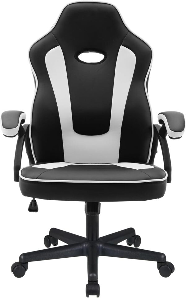 Play haha.Ergonomic high back seat with breathable mesh insert padded armrests tilt adjustment durable base lumbar support PU leather surface for gaming home or office use - Image 5