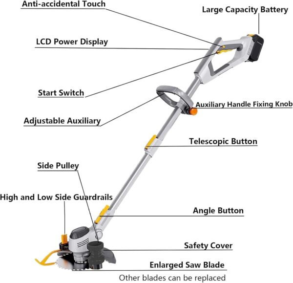 Cordless Strimmer, Electric Garden Strimmer with 2 x 21V 4000mAh Batteries, 3 Types Blades, 1-54cm Retractable Lawn Mower Grass Strimmer, for Garden Lawn 21B - Image 8